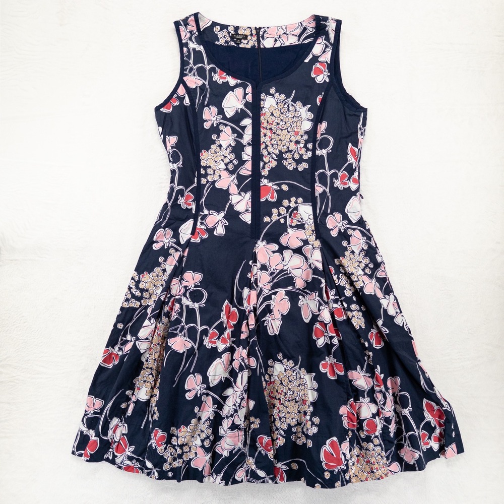 Talbots Womens Dress 14 Navy Blue Floral Cotton Fit Flare Sleeveless Pleated
